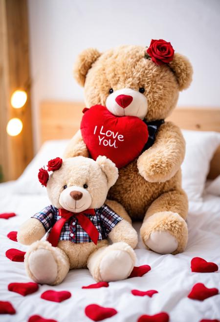 00057-Teddy bears, plush toys, heart-shaped pillow, _I Love You_, romantic setup, wooden surface, bokeh background, artificial flowers.png